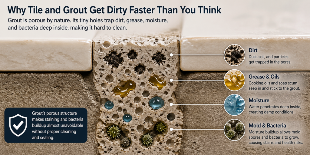 Porous grout trapping dirt moisture and bacteria 1